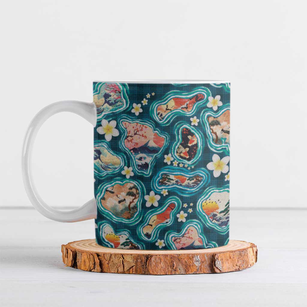 Hawaiian and Japanese Culture Together Ceramic Mug Hawaiian Island Shapes with Japanese Landscape Teal Color