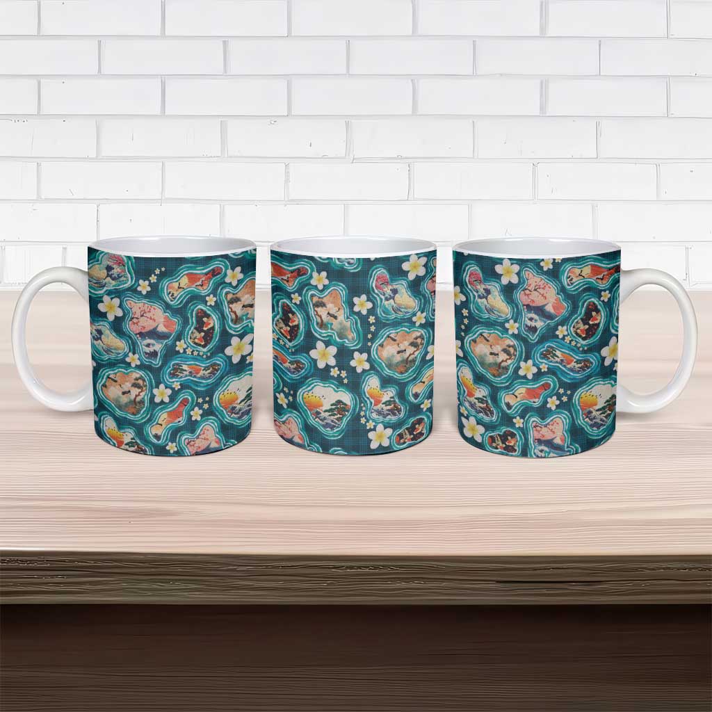 Hawaiian and Japanese Culture Together Ceramic Mug Hawaiian Island Shapes with Japanese Landscape Teal Color LT03 - Polynesian Pride