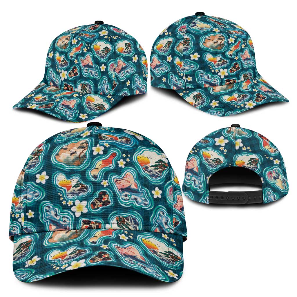 Hawaiian and Japanese Culture Together Classic Cap Hawaiian Island Shapes with Japanese Landscape Teal Color LT03 - Polynesian Pride