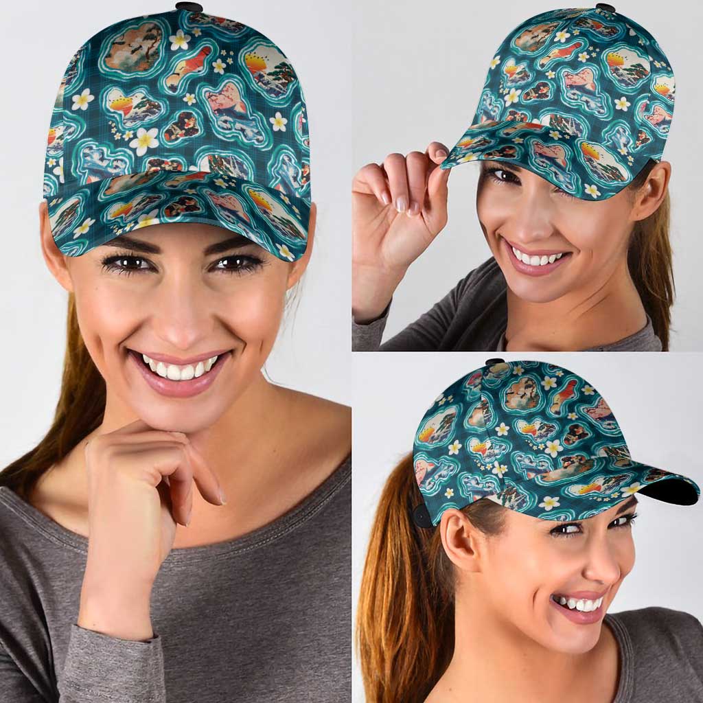 Hawaiian and Japanese Culture Together Classic Cap Hawaiian Island Shapes with Japanese Landscape Teal Color LT03 - Polynesian Pride