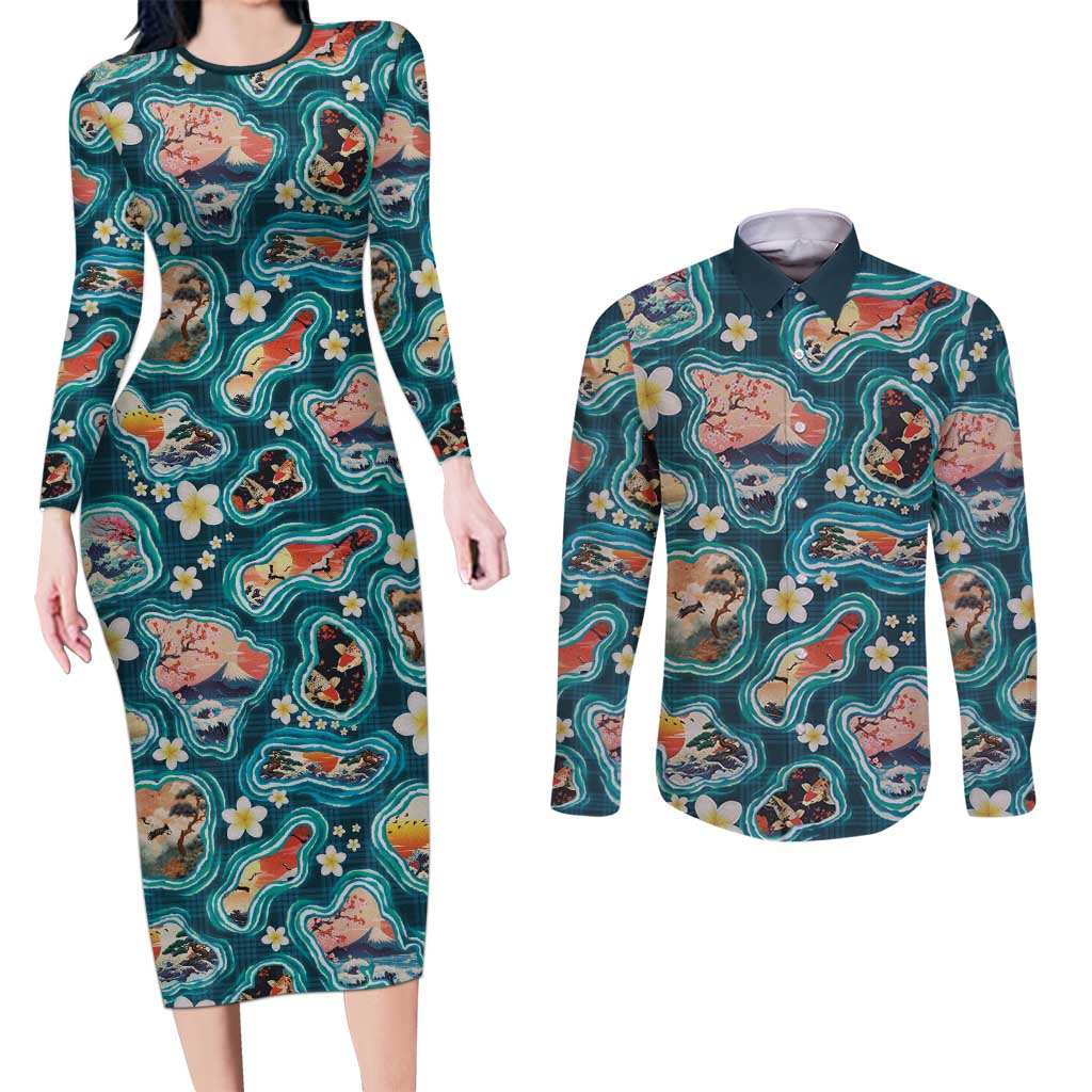 Hawaiian and Japanese Culture Together Couples Matching Long Sleeve Bodycon Dress and Long Sleeve Button Shirt Hawaiian Island Shapes with Japanese Landscape Teal Color