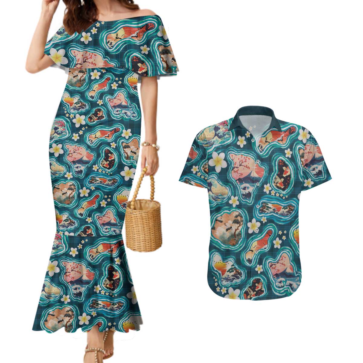Hawaiian and Japanese Culture Together Couples Matching Mermaid Dress and Hawaiian Shirt Hawaiian Island Shapes with Japanese Landscape Teal Color LT03 Teal - Polynesian Pride
