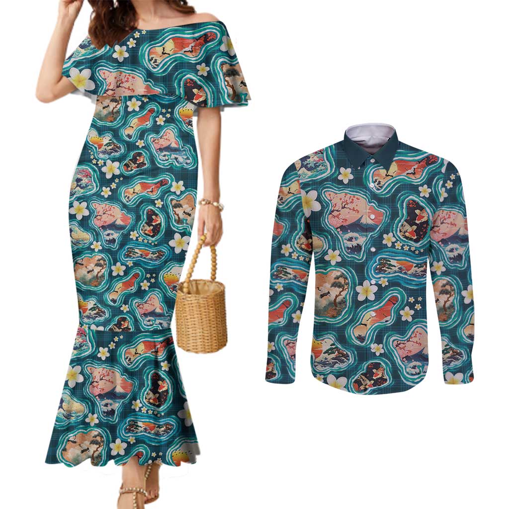 Hawaiian and Japanese Culture Together Couples Matching Mermaid Dress and Long Sleeve Button Shirt Hawaiian Island Shapes with Japanese Landscape Teal Color