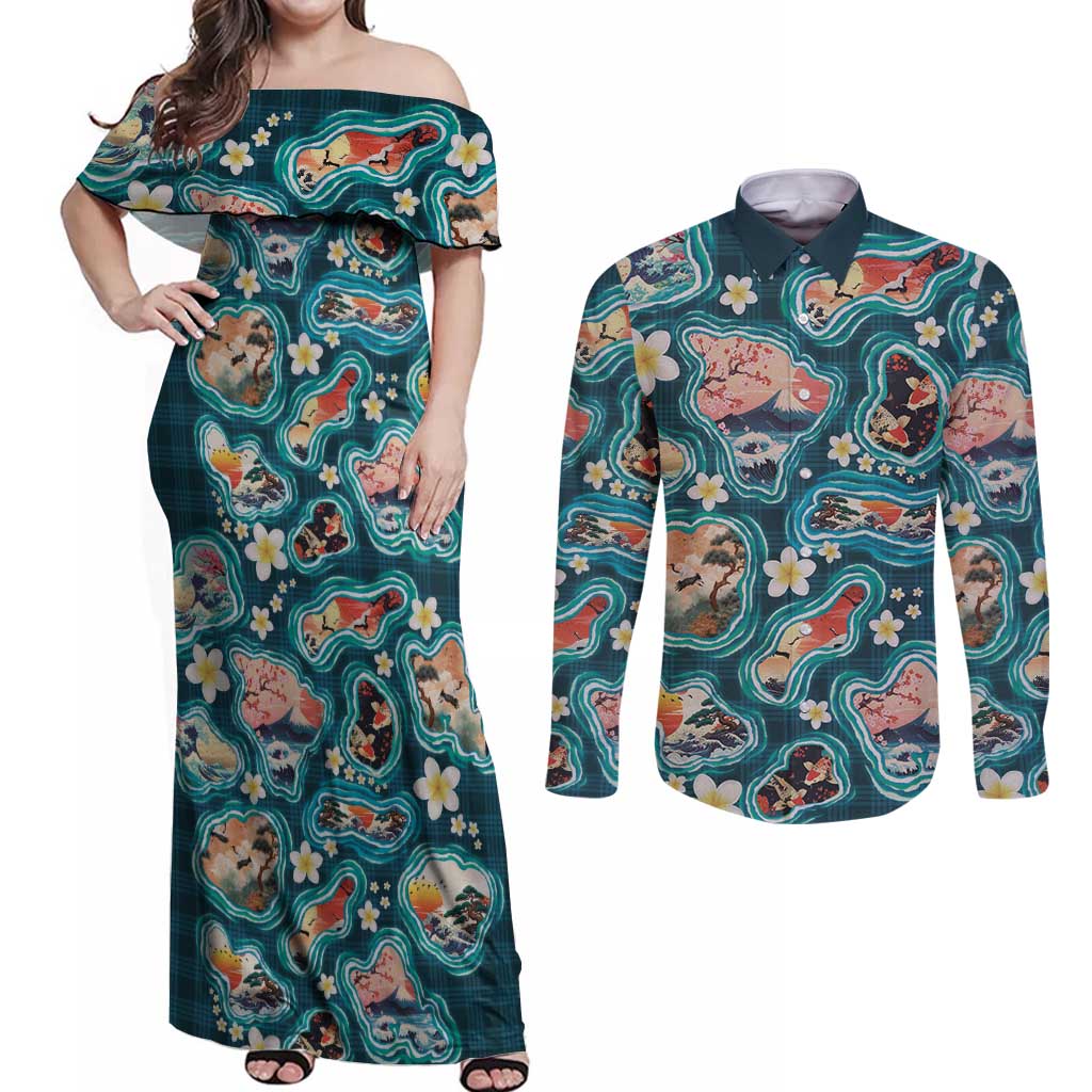 Hawaiian and Japanese Culture Together Couples Matching Off Shoulder Maxi Dress and Long Sleeve Button Shirt Hawaiian Island Shapes with Japanese Landscape Teal Color