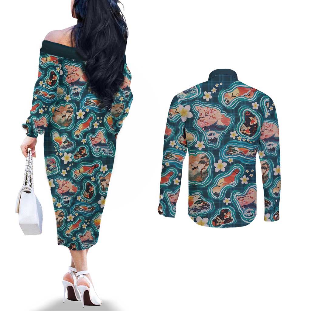 Hawaiian and Japanese Culture Together Couples Matching Off The Shoulder Long Sleeve Dress and Long Sleeve Button Shirt Hawaiian Island Shapes with Japanese Landscape Teal Color LT03 - Polynesian Pride