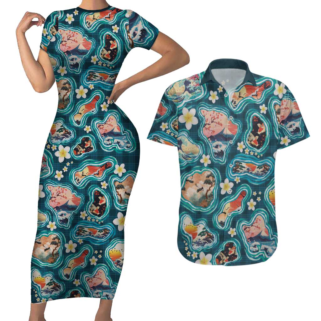 Hawaiian and Japanese Culture Together Couples Matching Short Sleeve Bodycon Dress and Hawaiian Shirt Hawaiian Island Shapes with Japanese Landscape Teal Color LT03 Teal - Polynesian Pride