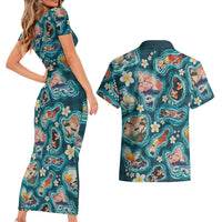 Hawaiian and Japanese Culture Together Couples Matching Short Sleeve Bodycon Dress and Hawaiian Shirt Hawaiian Island Shapes with Japanese Landscape Teal Color LT03 - Polynesian Pride