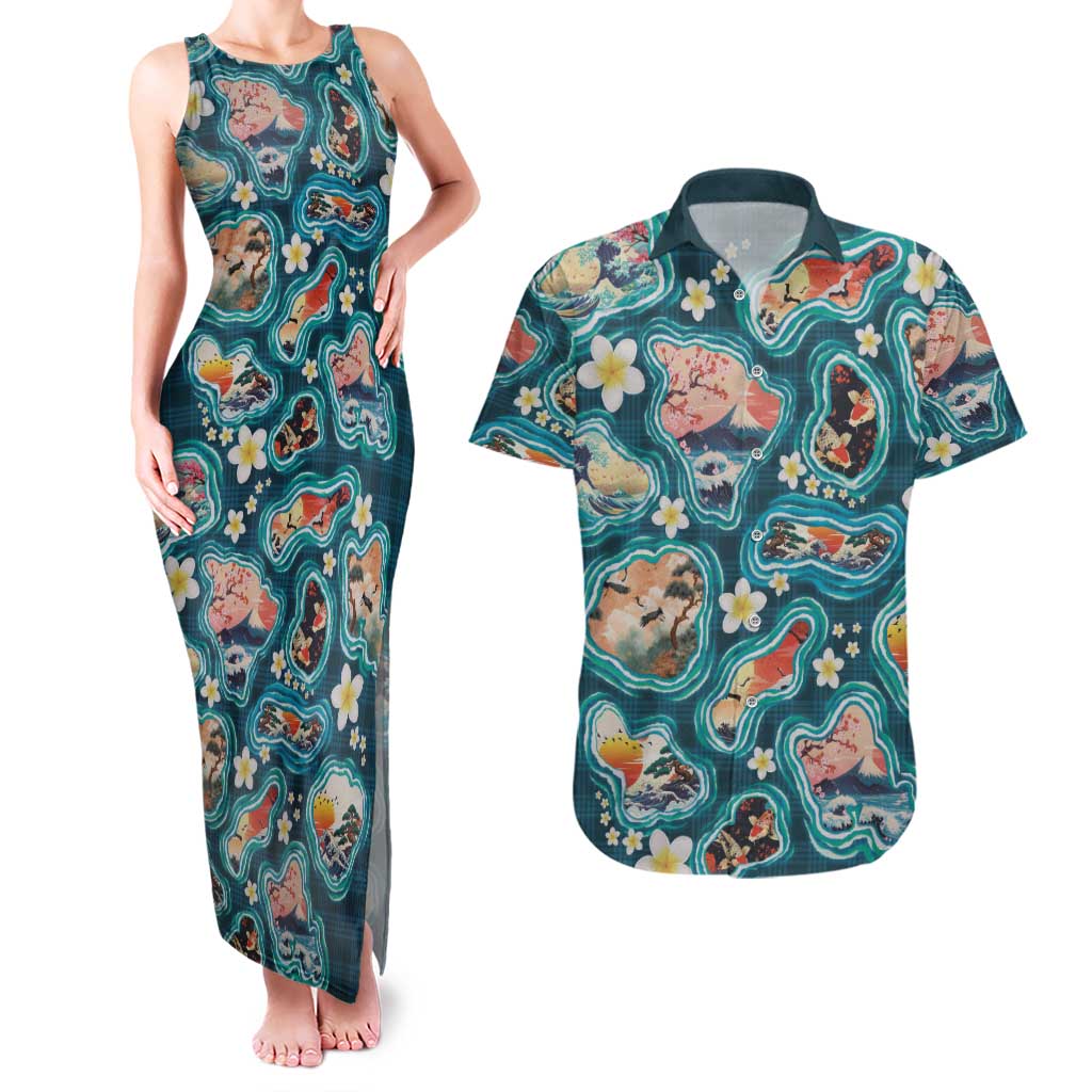 Hawaiian and Japanese Culture Together Couples Matching Tank Maxi Dress and Hawaiian Shirt Hawaiian Island Shapes with Japanese Landscape Teal Color LT03 Teal - Polynesian Pride