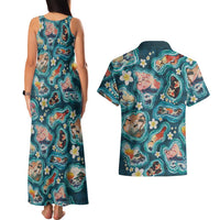 Hawaiian and Japanese Culture Together Couples Matching Tank Maxi Dress and Hawaiian Shirt Hawaiian Island Shapes with Japanese Landscape Teal Color LT03 - Polynesian Pride