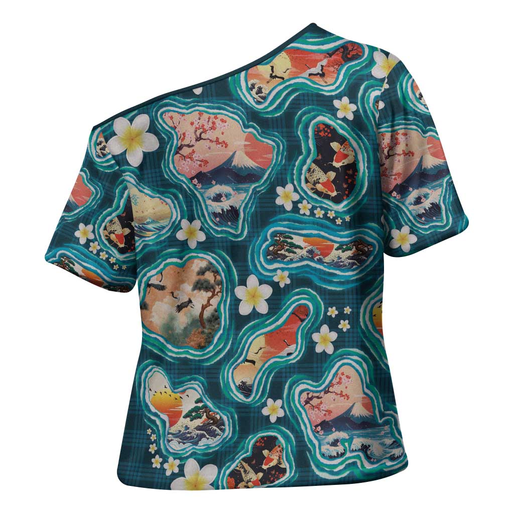 Hawaiian and Japanese Culture Together Cross Shoulder Shirt Hawaiian Island Shapes with Japanese Landscape Teal Color LT03 - Polynesian Pride