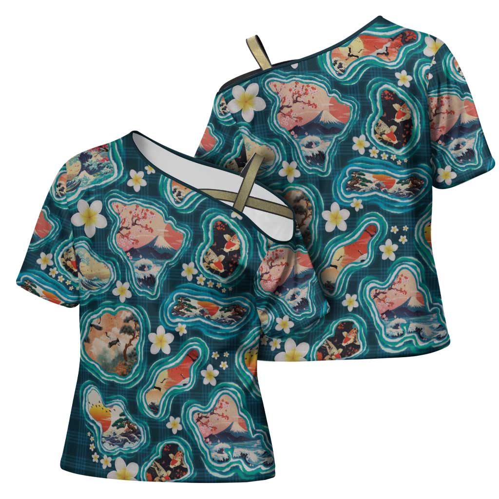 Hawaiian and Japanese Culture Together Cross Shoulder Shirt Hawaiian Island Shapes with Japanese Landscape Teal Color LT03 - Polynesian Pride