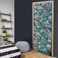 Hawaiian and Japanese Culture Together Door Cover Hawaiian Island Shapes with Japanese Landscape Teal Color LT03 - Polynesian Pride