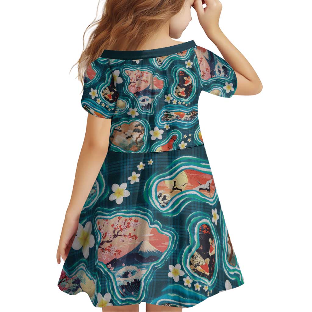 Hawaiian and Japanese Culture Together Family Matching Long Sleeve Bodycon Dress and Hawaiian Shirt Hawaiian Island Shapes with Japanese Landscape Teal Color LT03 - Polynesian Pride