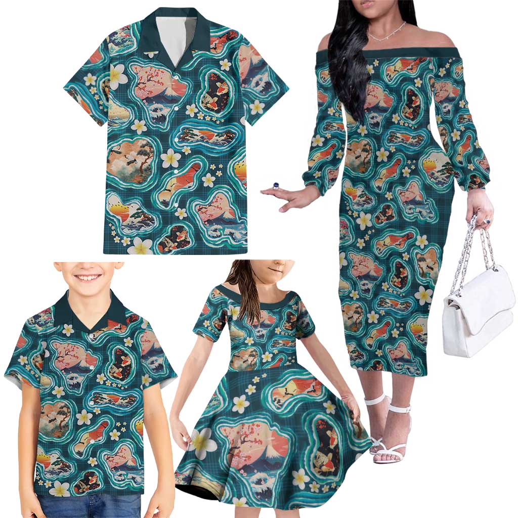 Hawaiian and Japanese Culture Together Family Matching Off The Shoulder Long Sleeve Dress and Hawaiian Shirt Hawaiian Island Shapes with Japanese Landscape Teal Color LT03 - Polynesian Pride