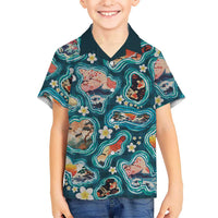 Hawaiian and Japanese Culture Together Family Matching Off The Shoulder Long Sleeve Dress and Hawaiian Shirt Hawaiian Island Shapes with Japanese Landscape Teal Color LT03 Son's Shirt Teal - Polynesian Pride