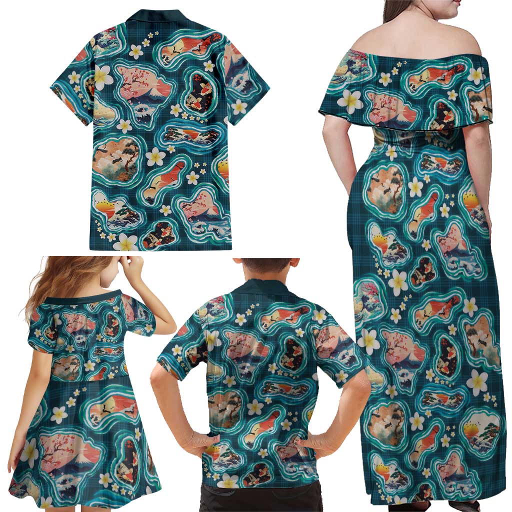 Hawaiian and Japanese Culture Together Family Matching Off Shoulder Maxi Dress and Hawaiian Shirt Hawaiian Island Shapes with Japanese Landscape Teal Color LT03 - Polynesian Pride