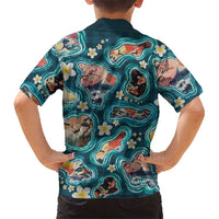 Hawaiian and Japanese Culture Together Family Matching Off Shoulder Short Dress and Hawaiian Shirt Hawaiian Island Shapes with Japanese Landscape Teal Color LT03 - Polynesian Pride