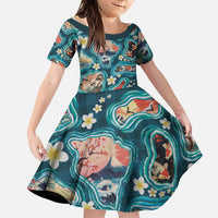 Hawaiian and Japanese Culture Together Family Matching Off Shoulder Short Dress and Hawaiian Shirt Hawaiian Island Shapes with Japanese Landscape Teal Color LT03 Daughter's Dress Teal - Polynesian Pride