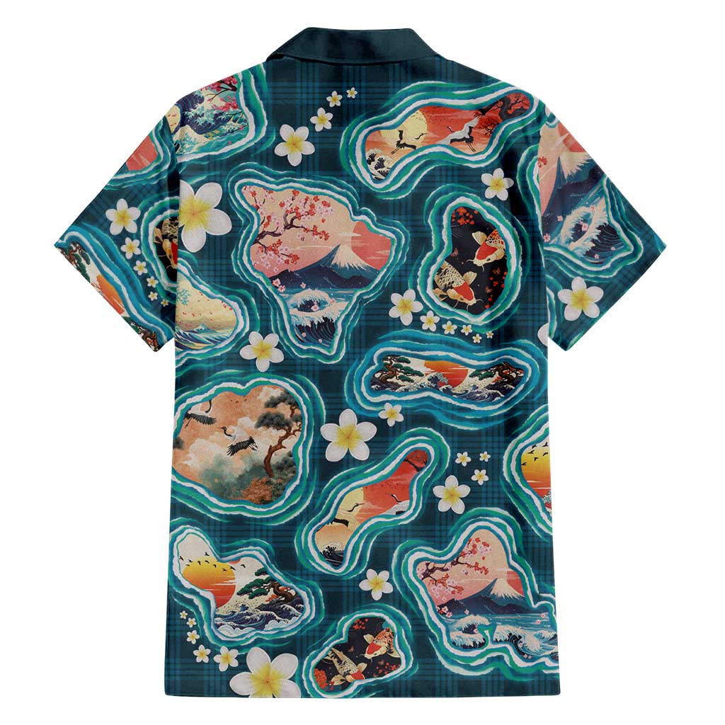 Hawaiian and Japanese Culture Together Family Matching Off Shoulder Short Dress and Hawaiian Shirt Hawaiian Island Shapes with Japanese Landscape Teal Color LT03 - Polynesian Pride