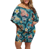 Hawaiian and Japanese Culture Together Family Matching Off Shoulder Short Dress and Hawaiian Shirt Hawaiian Island Shapes with Japanese Landscape Teal Color LT03 Mom's Dress Teal - Polynesian Pride