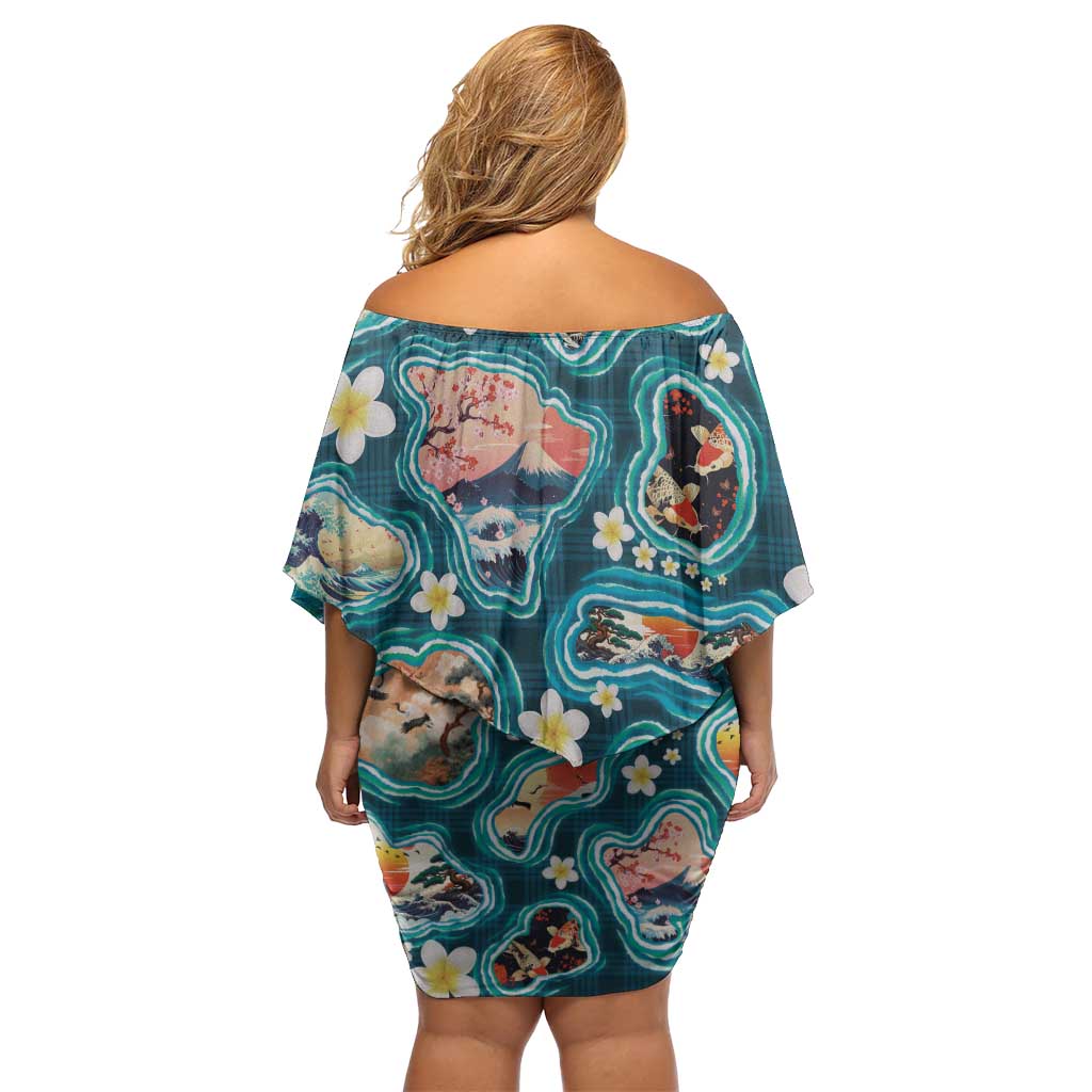 Hawaiian and Japanese Culture Together Family Matching Off Shoulder Short Dress and Hawaiian Shirt Hawaiian Island Shapes with Japanese Landscape Teal Color LT03 - Polynesian Pride