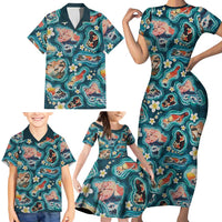 Hawaiian and Japanese Culture Together Family Matching Short Sleeve Bodycon Dress and Hawaiian Shirt Hawaiian Island Shapes with Japanese Landscape Teal Color LT03 - Polynesian Pride