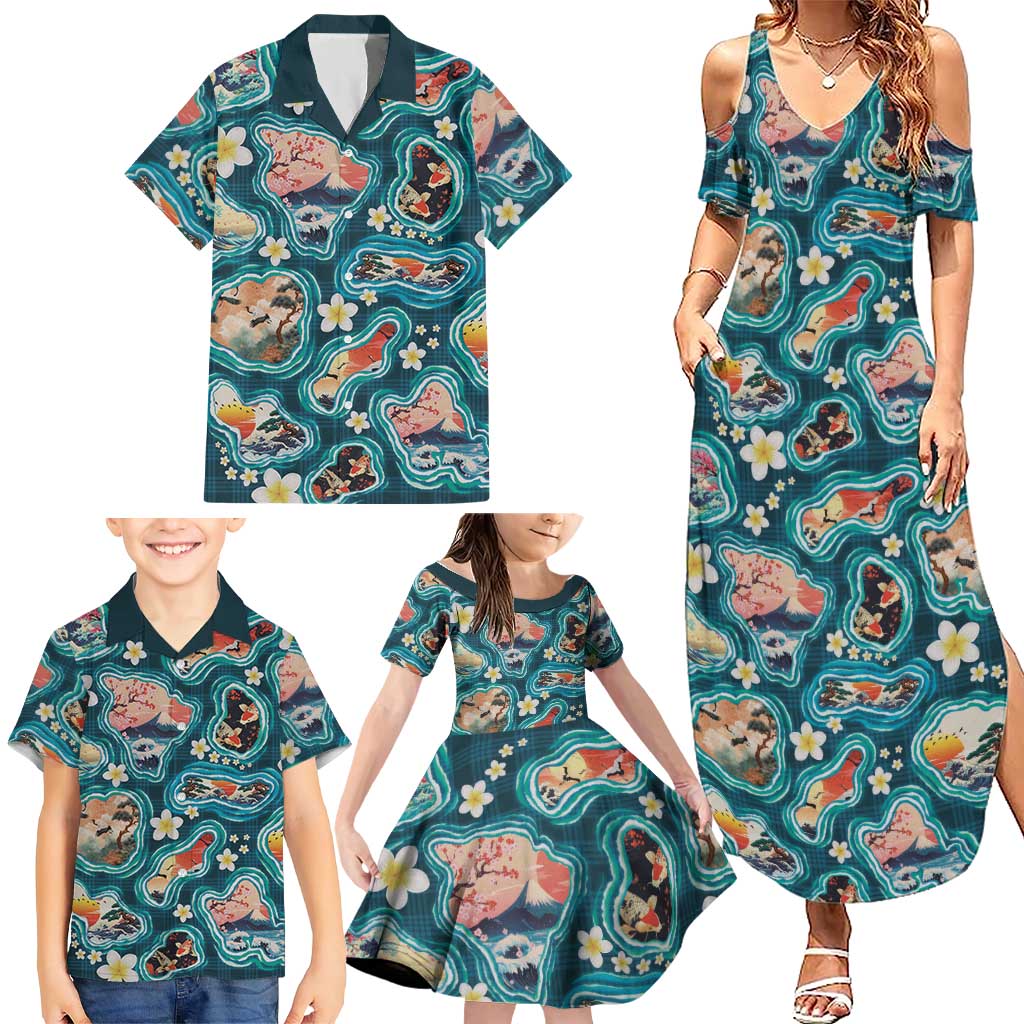 Hawaiian and Japanese Culture Together Family Matching Summer Maxi Dress and Hawaiian Shirt Hawaiian Island Shapes with Japanese Landscape Teal Color LT03 - Polynesian Pride