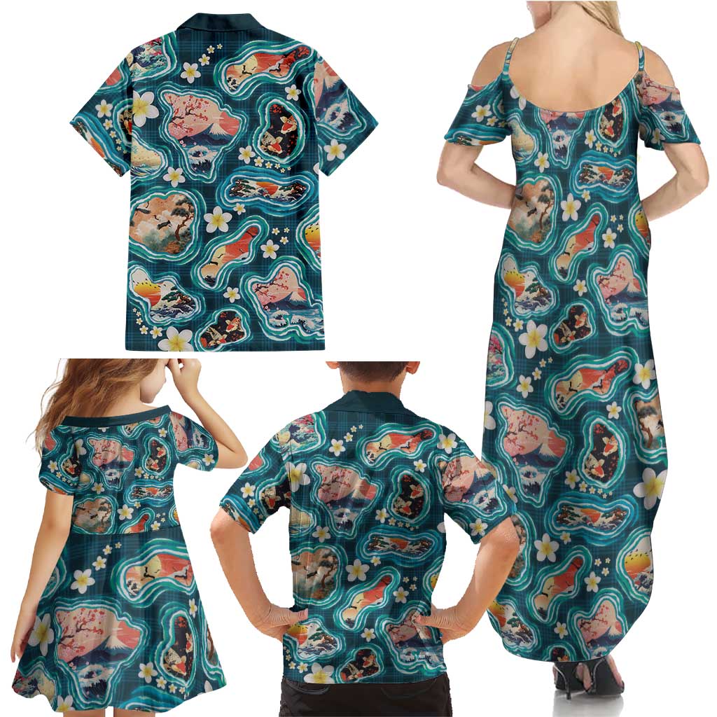 Hawaiian and Japanese Culture Together Family Matching Summer Maxi Dress and Hawaiian Shirt Hawaiian Island Shapes with Japanese Landscape Teal Color LT03 - Polynesian Pride