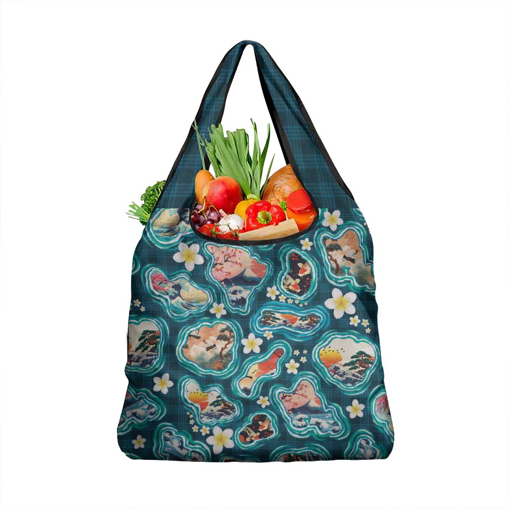 Hawaiian and Japanese Culture Together Grocery Bag Hawaiian Island Shapes with Japanese Landscape Teal Color