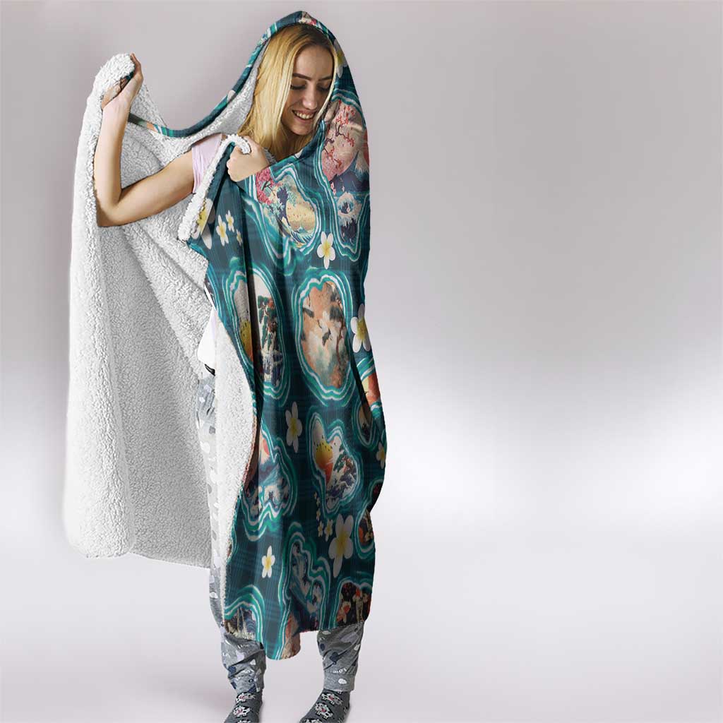 Hawaiian and Japanese Culture Together Hooded Blanket Hawaiian Island Shapes with Japanese Landscape Teal Color LT03 - Polynesian Pride