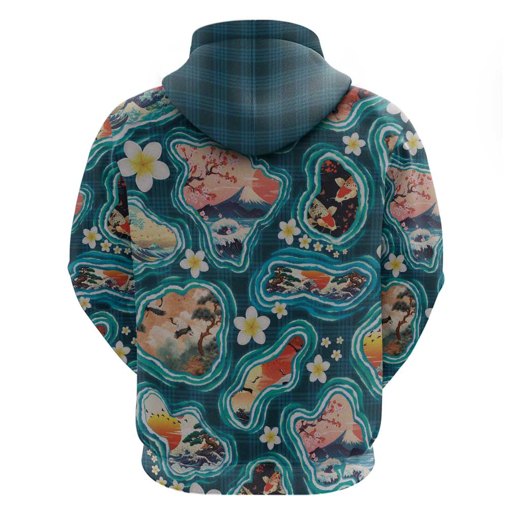 Hawaiian and Japanese Culture Together Hoodie Hawaiian Island Shapes with Japanese Landscape Teal Color LT03 - Polynesian Pride