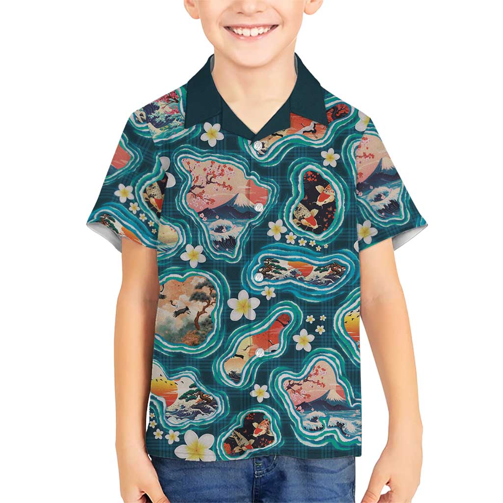 Hawaiian and Japanese Culture Together Kid Hawaiian Shirt Hawaiian Island Shapes with Japanese Landscape Teal Color LT03 Kid Teal - Polynesian Pride