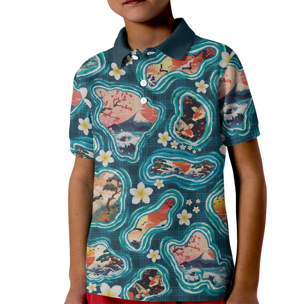 Hawaiian and Japanese Culture Together Kid Polo Shirt Hawaiian Island Shapes with Japanese Landscape Teal Color LT03 Kid Teal - Polynesian Pride