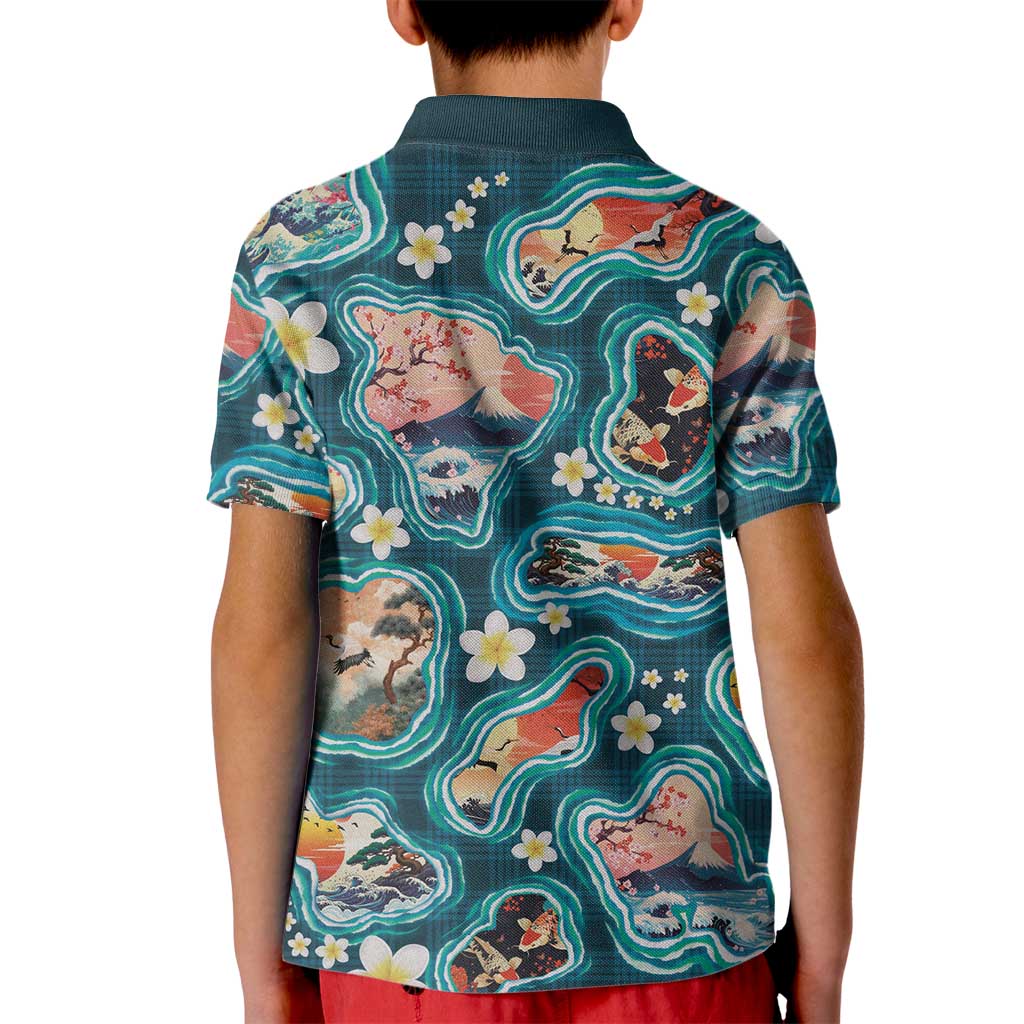 Hawaiian and Japanese Culture Together Kid Polo Shirt Hawaiian Island Shapes with Japanese Landscape Teal Color LT03 - Polynesian Pride