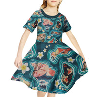 Hawaiian and Japanese Culture Together Kid Short Sleeve Dress Hawaiian Island Shapes with Japanese Landscape Teal Color LT03 - Polynesian Pride