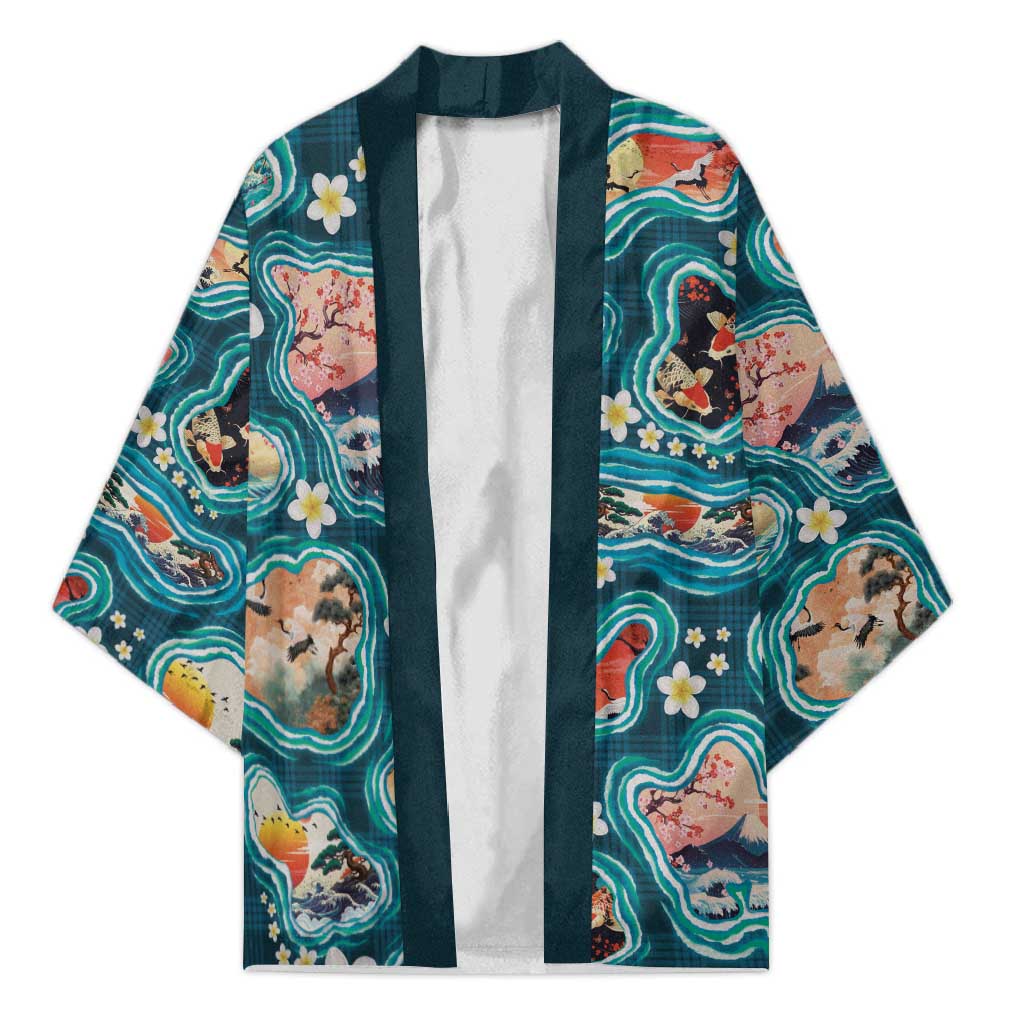 Hawaiian and Japanese Culture Together Kimono Hawaiian Island Shapes with Japanese Landscape Teal Color LT03 Unisex Teal - Polynesian Pride