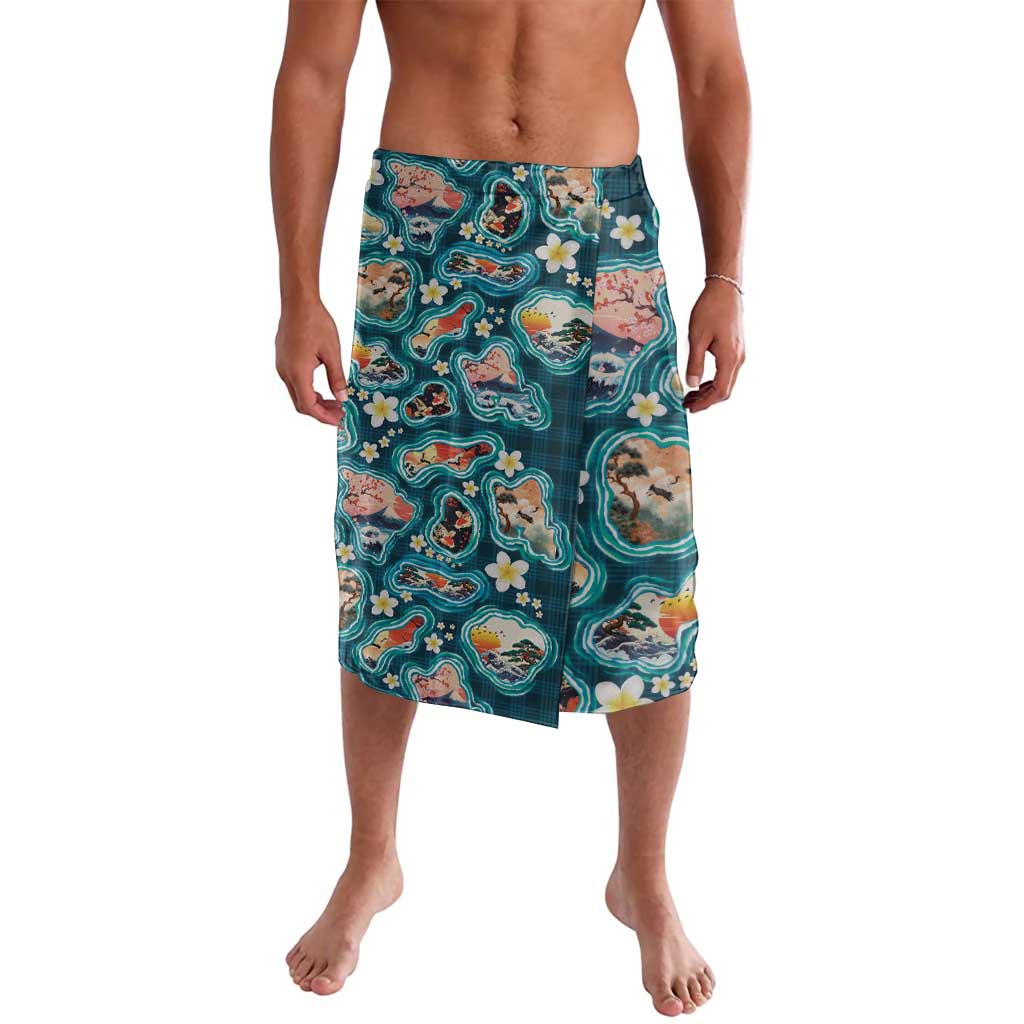 Hawaiian and Japanese Culture Together Lavalava Hawaiian Island Shapes with Japanese Landscape Teal Color