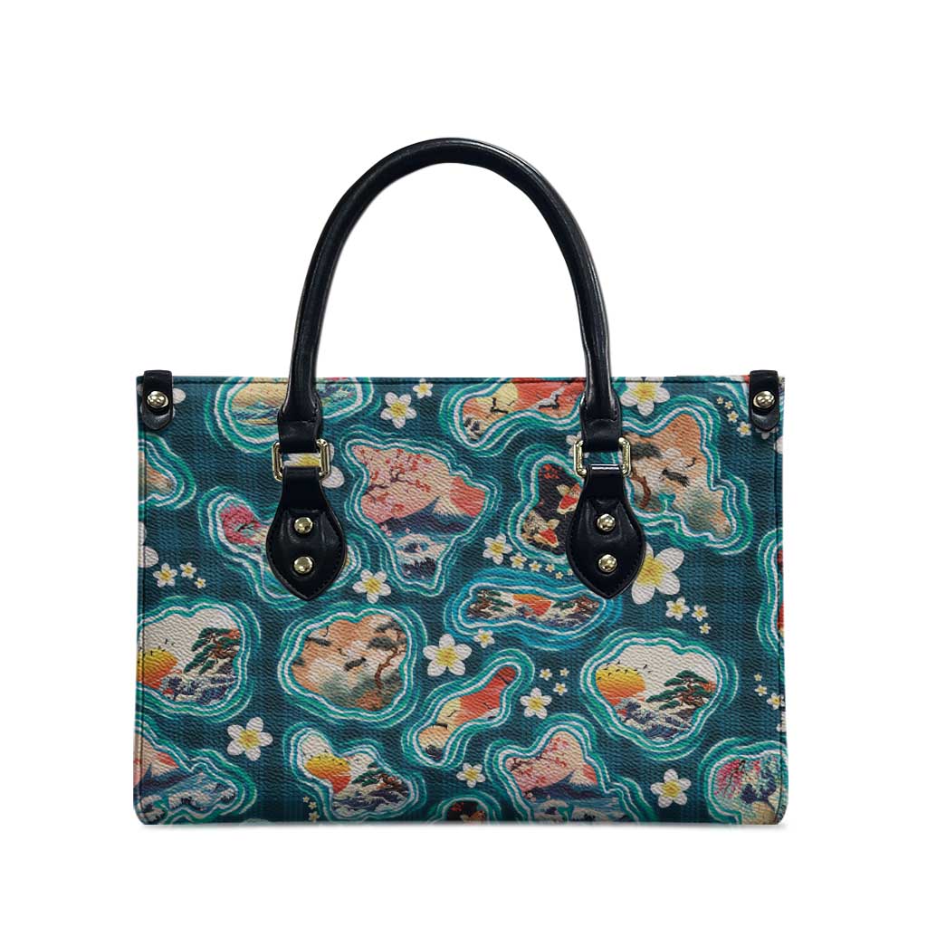 Hawaiian and Japanese Culture Together Leather Bag Hawaiian Island Shapes with Japanese Landscape Teal Color LT03 - Polynesian Pride