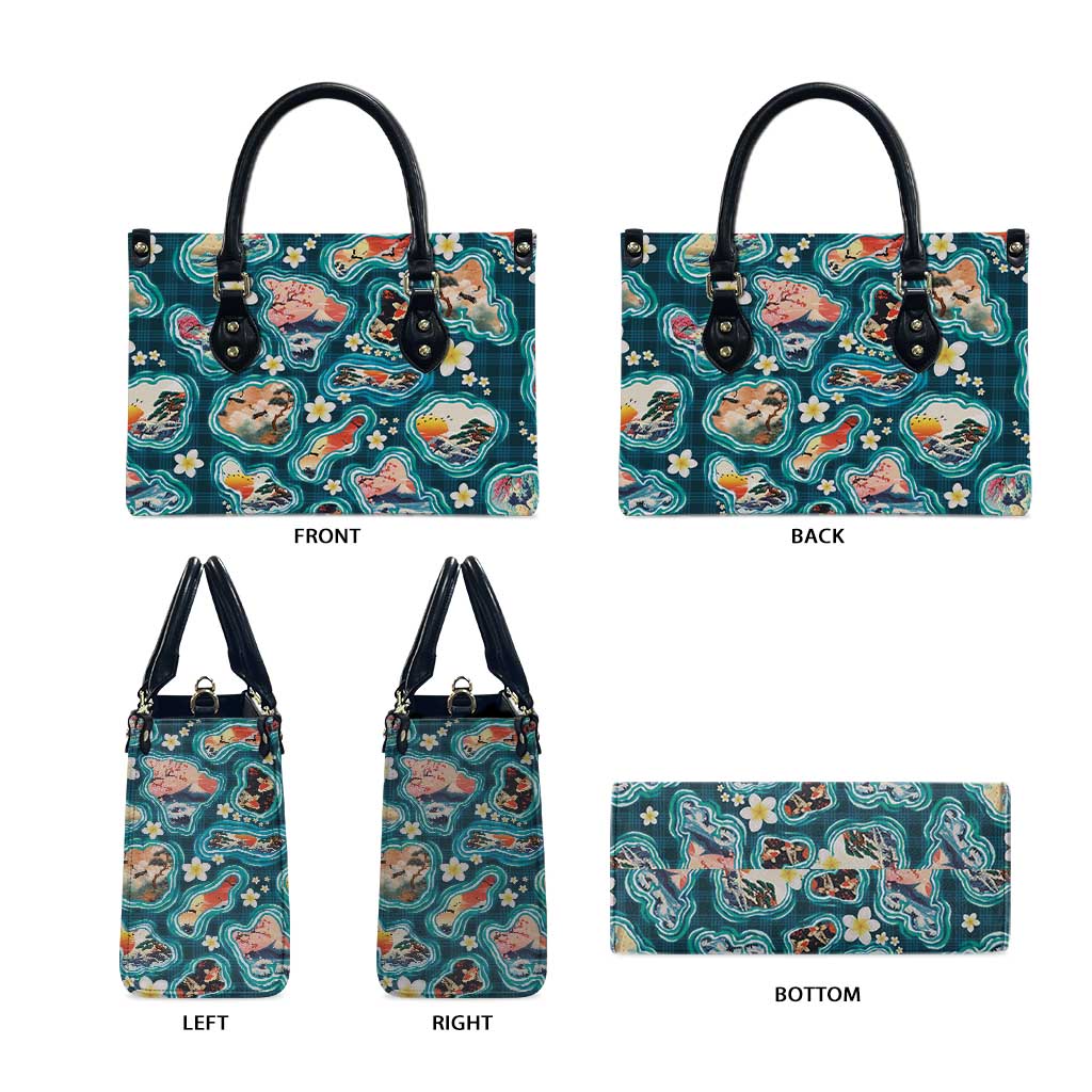 Hawaiian and Japanese Culture Together Leather Bag Hawaiian Island Shapes with Japanese Landscape Teal Color LT03 - Polynesian Pride