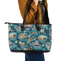 Hawaiian and Japanese Culture Together Leather Tote Bag Hawaiian Island Shapes with Japanese Landscape Teal Color LT03 - Polynesian Pride