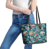 Hawaiian and Japanese Culture Together Leather Tote Bag Hawaiian Island Shapes with Japanese Landscape Teal Color LT03 - Polynesian Pride