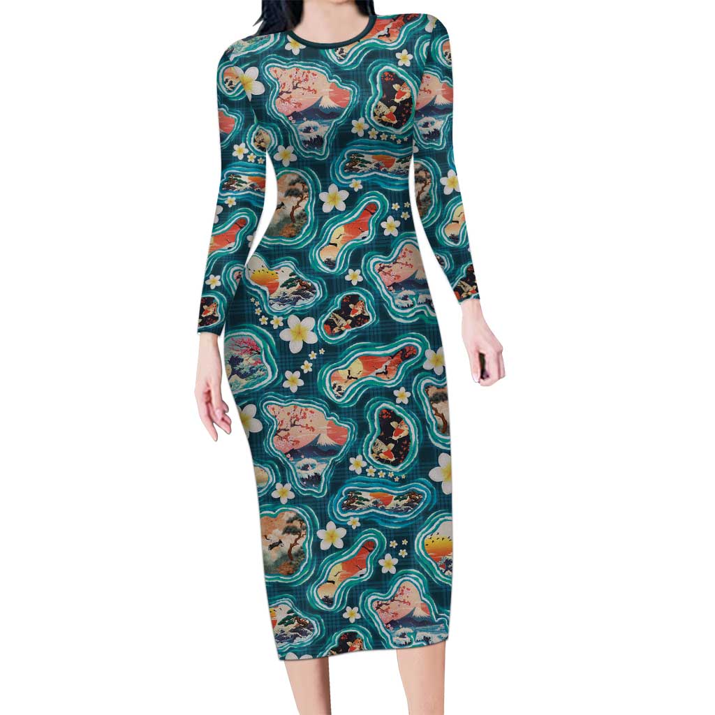 Hawaiian and Japanese Culture Together Long Sleeve Bodycon Dress Hawaiian Island Shapes with Japanese Landscape Teal Color