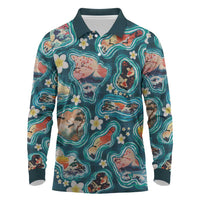 Hawaiian and Japanese Culture Together Long Sleeve Polo Shirt Hawaiian Island Shapes with Japanese Landscape Teal Color LT03 Teal - Polynesian Pride
