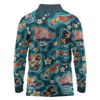 Hawaiian and Japanese Culture Together Long Sleeve Polo Shirt Hawaiian Island Shapes with Japanese Landscape Teal Color LT03 - Polynesian Pride