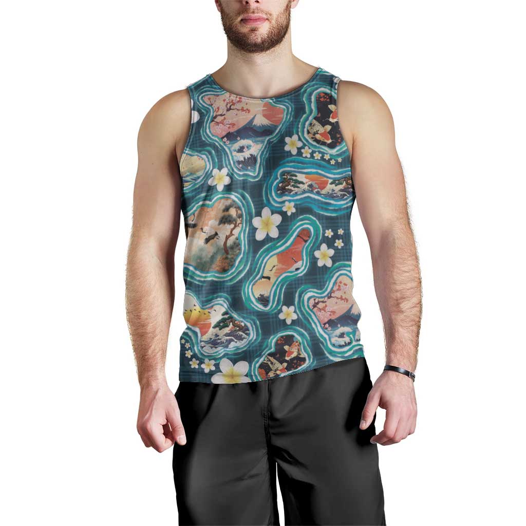 Hawaiian and Japanese Culture Together Men Tank Top Hawaiian Island Shapes with Japanese Landscape Teal Color LT03 - Polynesian Pride