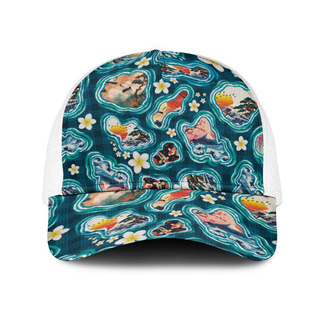 Hawaiian and Japanese Culture Together Mesh Trucker Cap Hawaiian Island Shapes with Japanese Landscape Teal Color LT03 One Size White Teal - Polynesian Pride