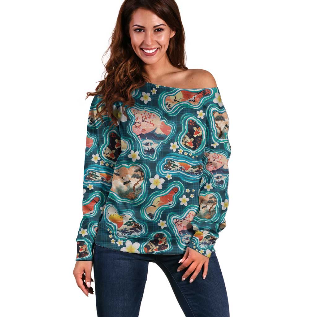 Hawaiian and Japanese Culture Together Off Shoulder Sweater Hawaiian Island Shapes with Japanese Landscape Teal Color