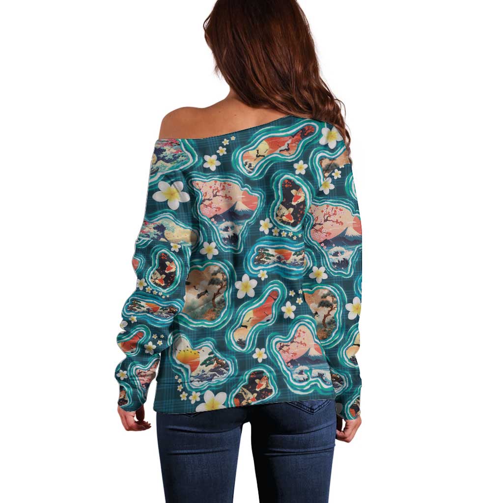 Hawaiian and Japanese Culture Together Off Shoulder Sweater Hawaiian Island Shapes with Japanese Landscape Teal Color LT03 - Polynesian Pride