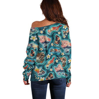 Hawaiian and Japanese Culture Together Off Shoulder Sweater Hawaiian Island Shapes with Japanese Landscape Teal Color LT03 - Polynesian Pride