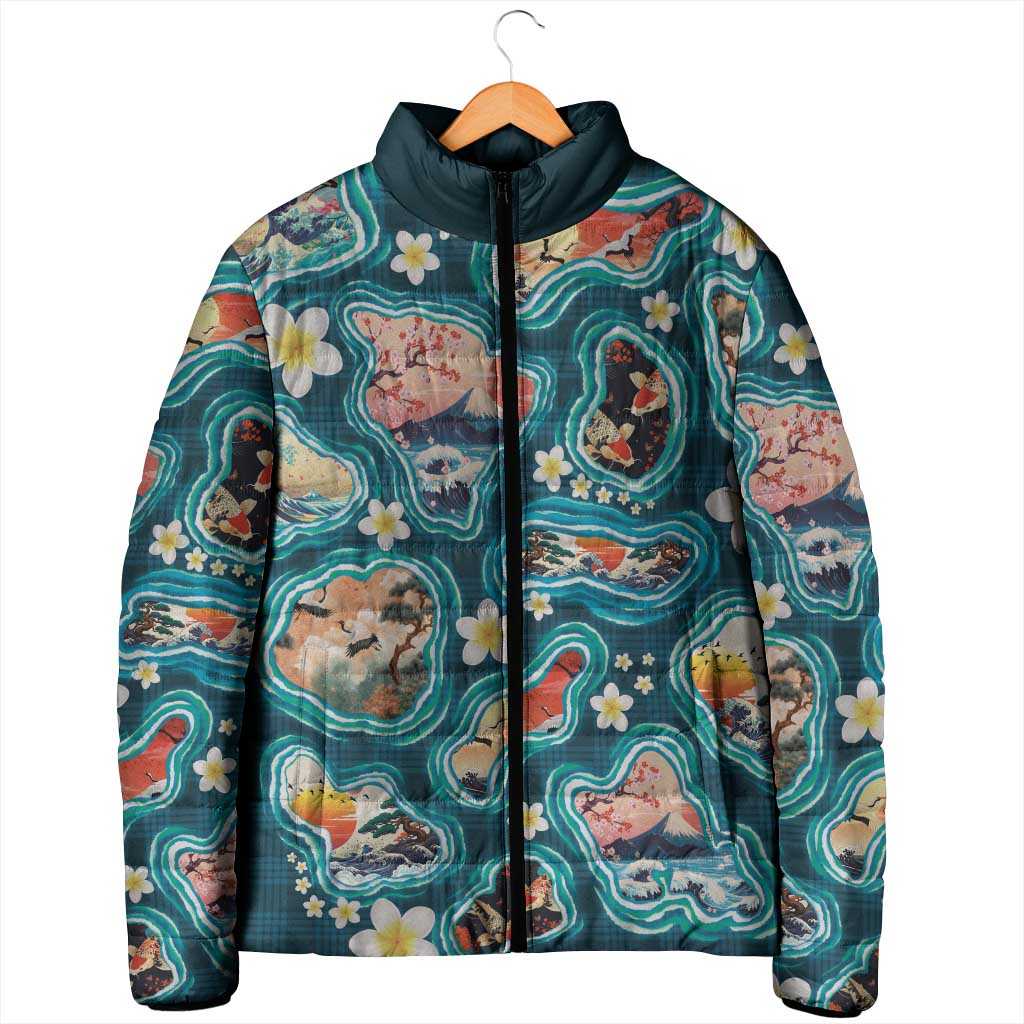Hawaiian and Japanese Culture Together Padded Jacket Hawaiian Island Shapes with Japanese Landscape Teal Color LT03 - Polynesian Pride